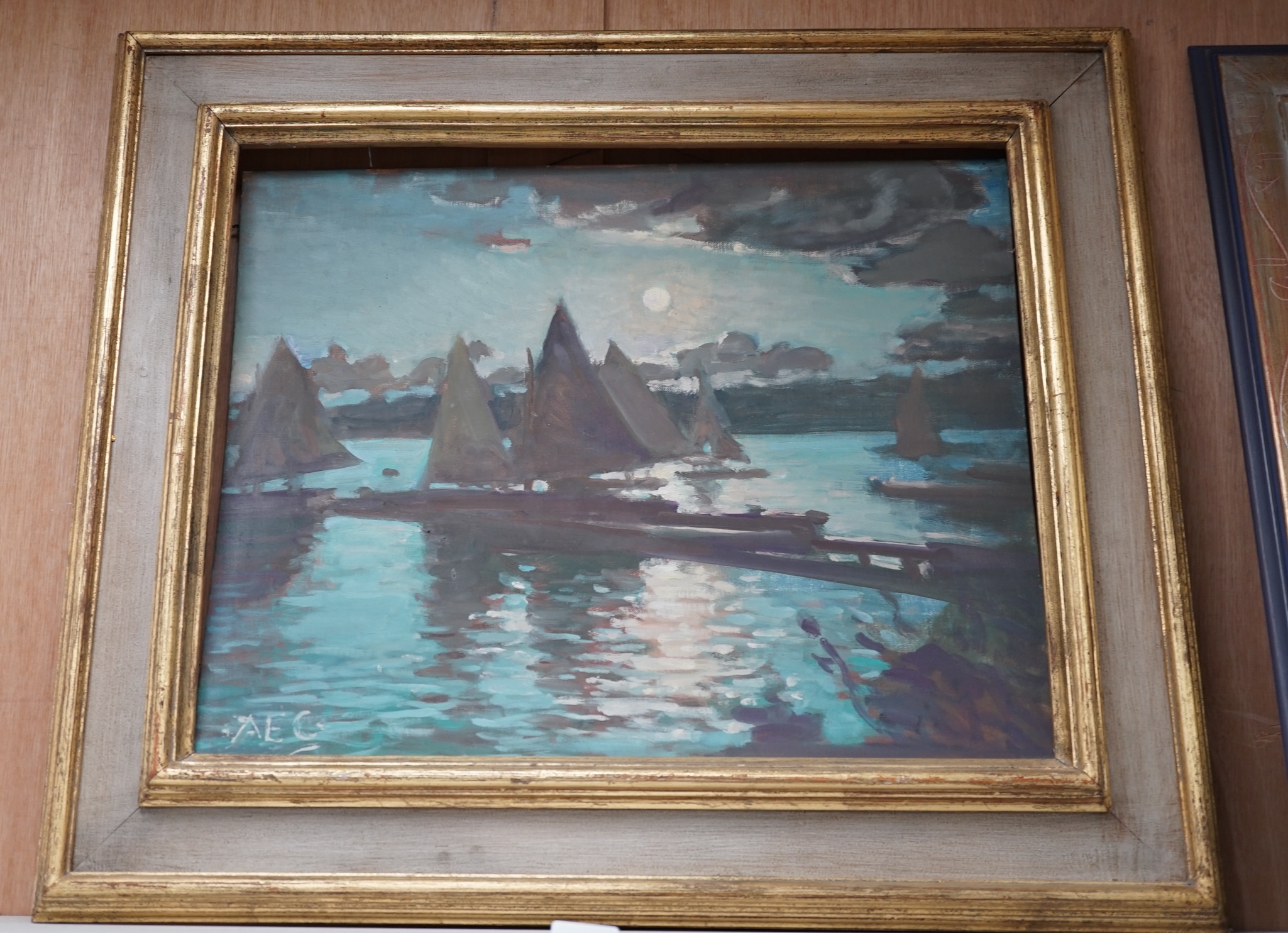Alfred Egerton Cooper (1883-1974), oil on board, 'Yachts, Grandtully, Perthshire', monogrammed, Artists of Chelsea inscribed label verso, 40 x 50cm. Condition - fair, board warped and loose within frame
